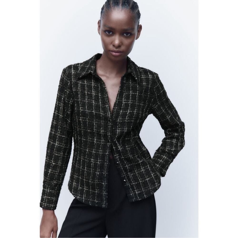 ZARA WOMEN FITTED STRUCTURED PLAID BALCK/WHITE SHIRT - Picture 1 of 5